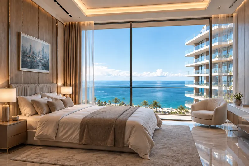 Chambre avec grande baie vitrée face à la mer