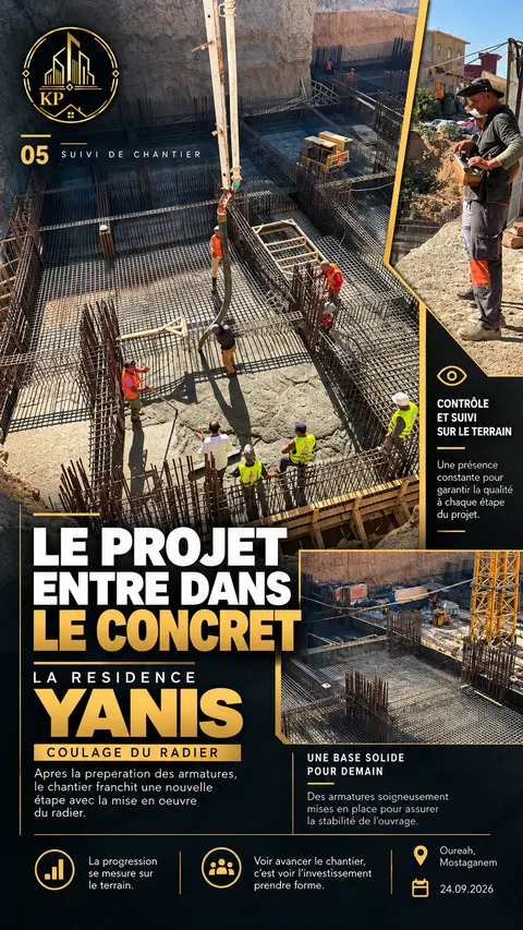 Équipe sur le chantier pendant le coulage du radier