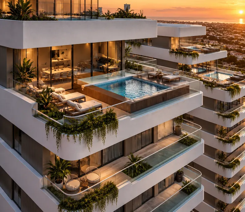 Penthouses avec terrasses et piscines privées au coucher du soleil