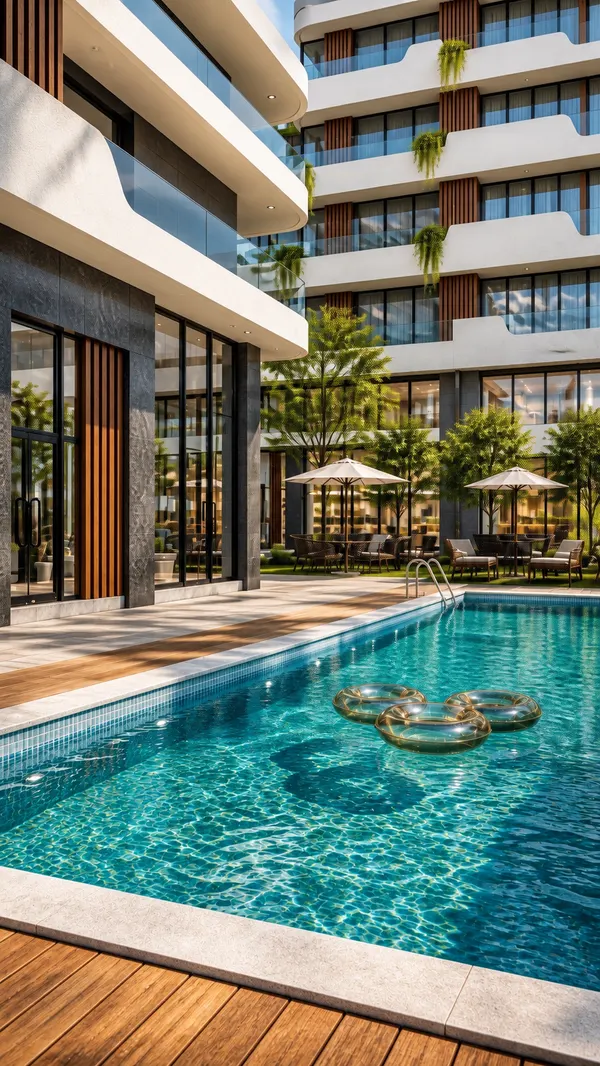 Piscine de la cour intérieure bordée de terrasses en bois