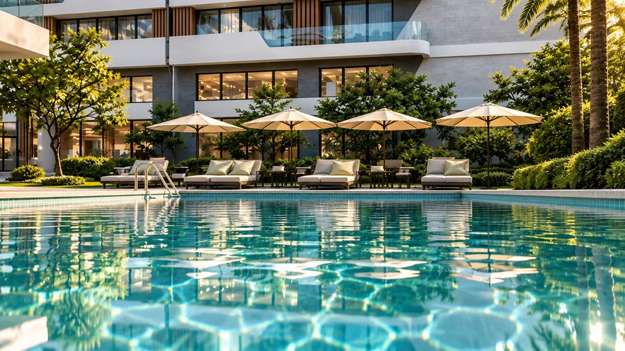 Piscine entourée de transats et de parasols